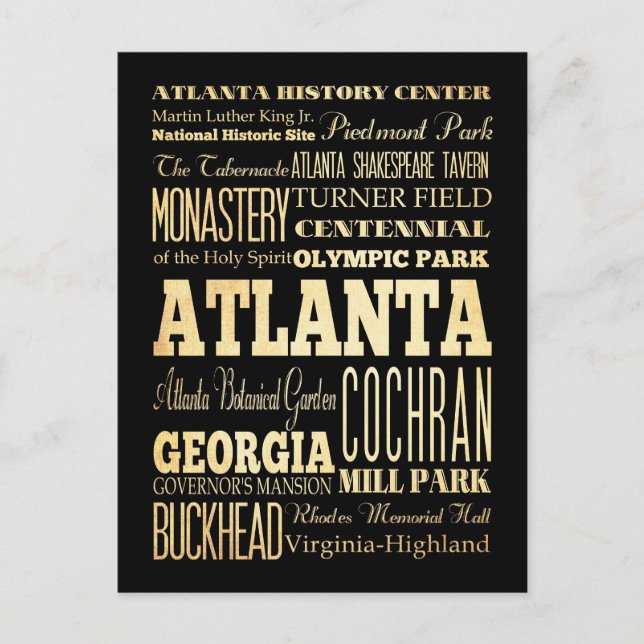 Atlanta City of Georgia State Typography Art Vykort (Framsida)