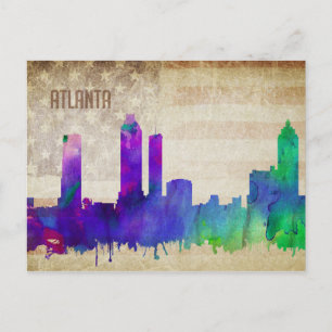 Atlanta, GA Watercolor City Skyline Vykort