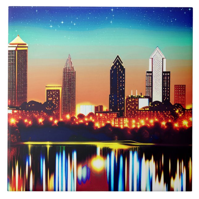 Atlanta Skyline från Natten med reflektioner Kakelplatta (Framsidan)