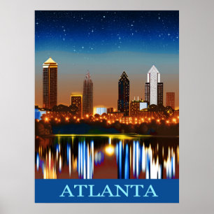 Atlanta Skyline från Natten med reflektioner Poster