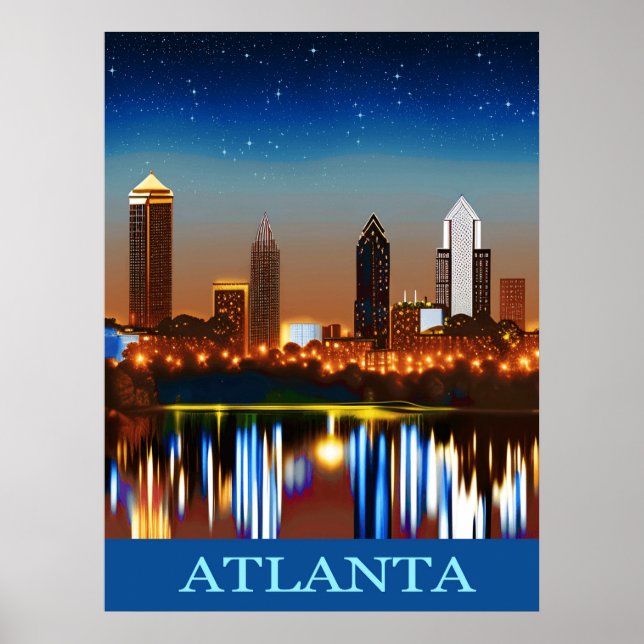 Atlanta Skyline från Natten med reflektioner Poster (Framsidan)