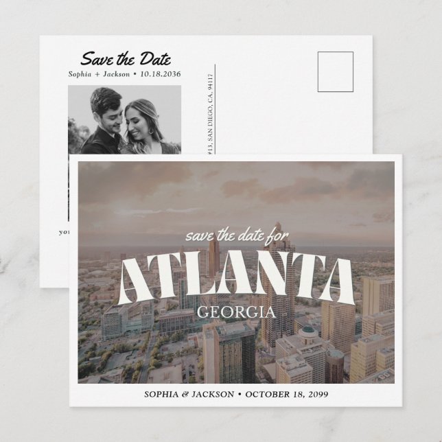 Atlanta Wedding Save the Date Downtown Retro Vykort (Fram/baksida)