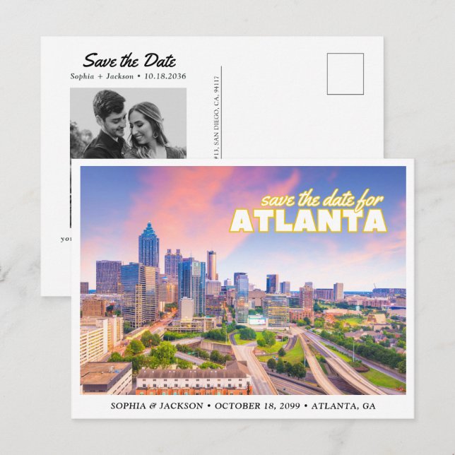 Atlanta Wedding Save the Date Skyline Postcard Vykort (Fram/baksida)
