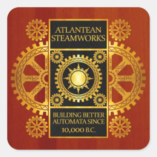 Atlantean Steamworks - guld & läder på trä Fyrkantigt Klistermärke