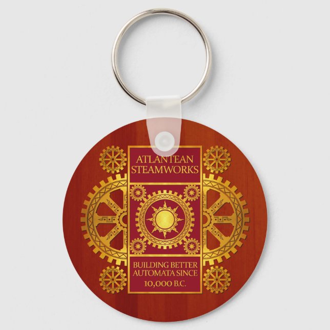 Atlantean Steamworks - Guld & Red on Cherrywood Nyckelring (Framsida)