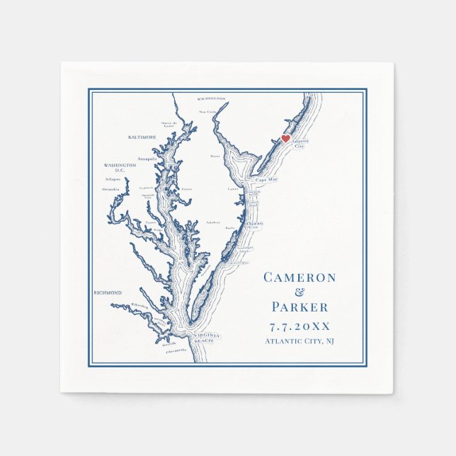 Atlanten New jersey Karta Elegant bröllop Pappersservett (Framsidan)