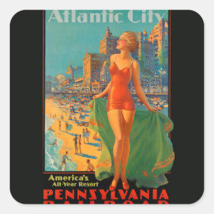Atlantic City Beach Beauty Vintage Artwork Fyrkantigt Klistermärke