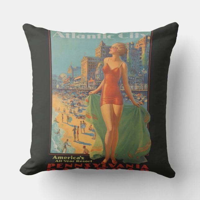 Atlantic City Beach Beauty Vintage Artwork Kudde (Framsida)