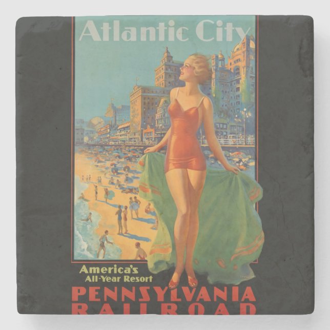 Atlantic City Beach Beauty Vintage Artwork Stenunderlägg (Framsidan)