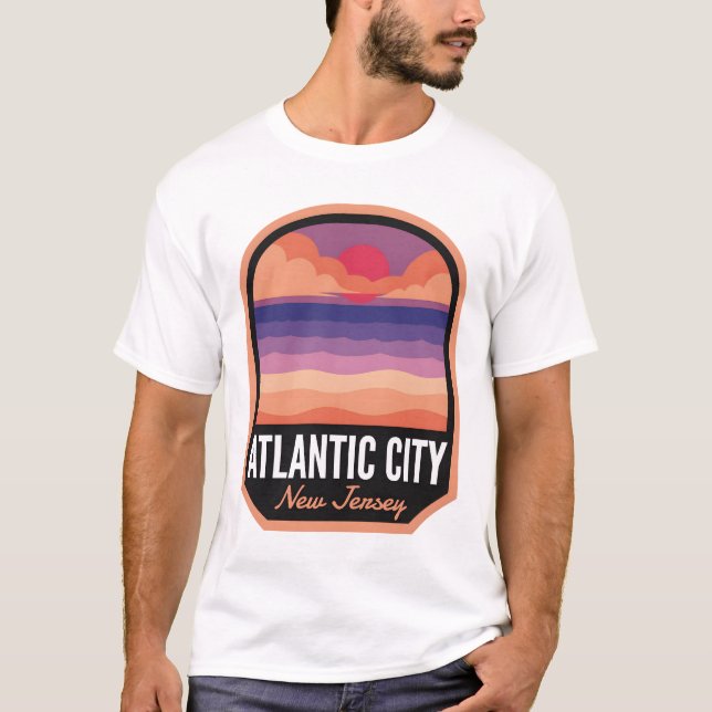 Atlantic City Beach NJ Retro Sunset T Shirt (Framsida)