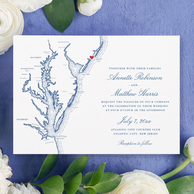 Atlantic City New jersey Elegant bröllop Inbjudningar (Elegant Atlantic City NJ Wedding invitation with navy blue Jersey Shore map from Coastal Map Designs)