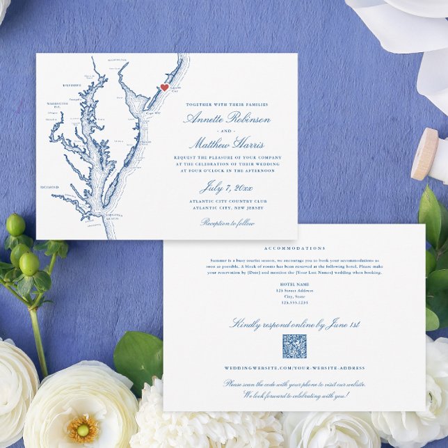 Atlantic City NJ allt-i-ett QR-kod OSA Bröllop Inbjudningar (Atlantic City NJ All-in-One QR code Wedding invitation from Coastal Map Designs)