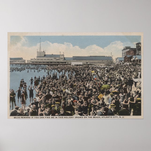 Atlantic City, NJ - Helgdag Crowd vid stranden Poster (Framsidan)