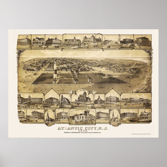 Atlantic City, NJ Panoramic Karta - 1880 Poster (Framsidan)