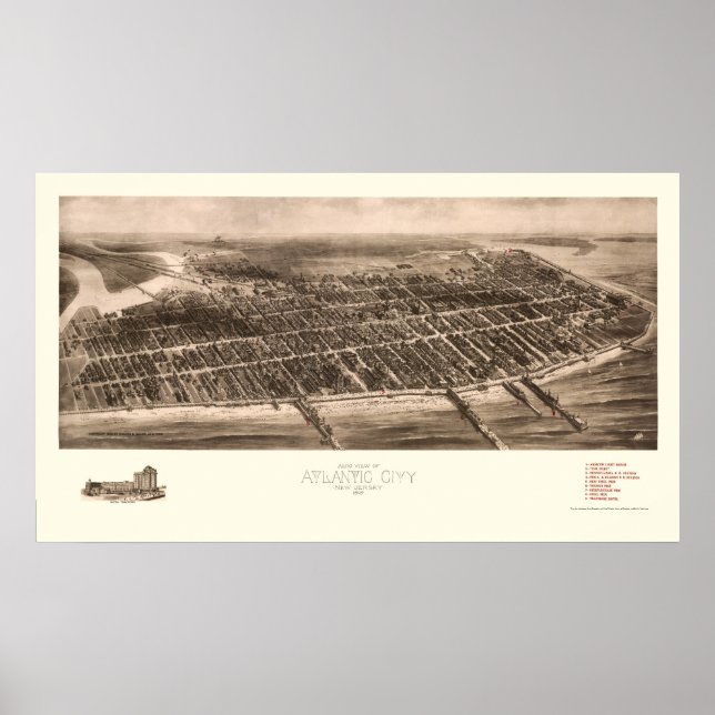 Atlantic City, NJ Panoramic Karta - 1909 Poster (Framsidan)