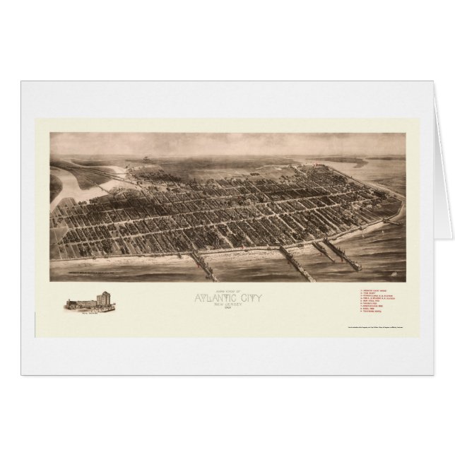 Atlantic City panorama- karta för NJ - 1909 Hälsningskort (Framsidan Horizontal)