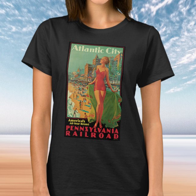 Atlantic City Resort, Pennsylvania Railroad Travel T Shirt (Vintage Pennsylvania Railroad Travel Poster Atlantic City Resort Beach Blonde Pinup Girl T-Shirt)