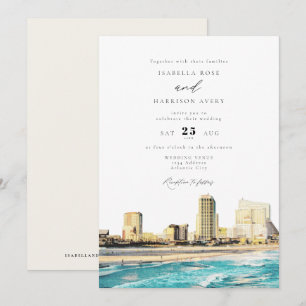 ATLANTIC CITY Watercolor Skyline Bröllop Inbjudningar