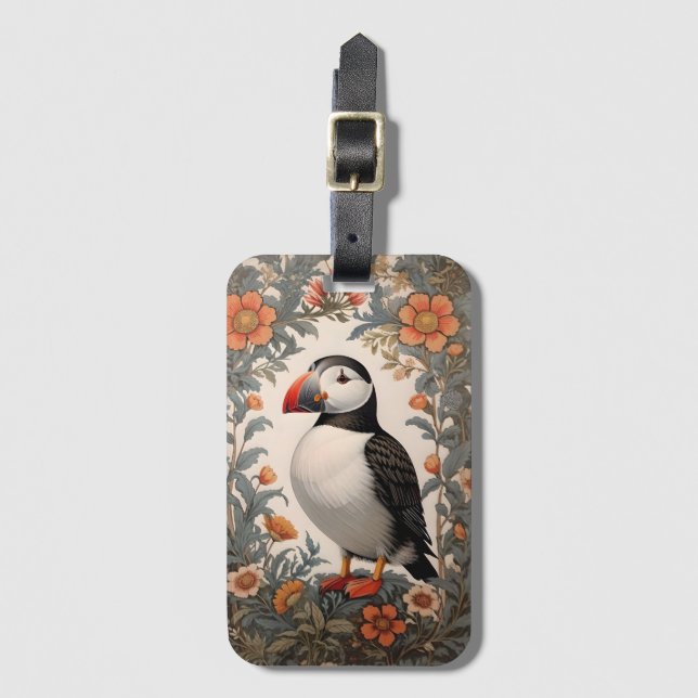 Atlantic Puffin William Morris Inspired Blommigt Bagagebricka (Framsida vertikal)