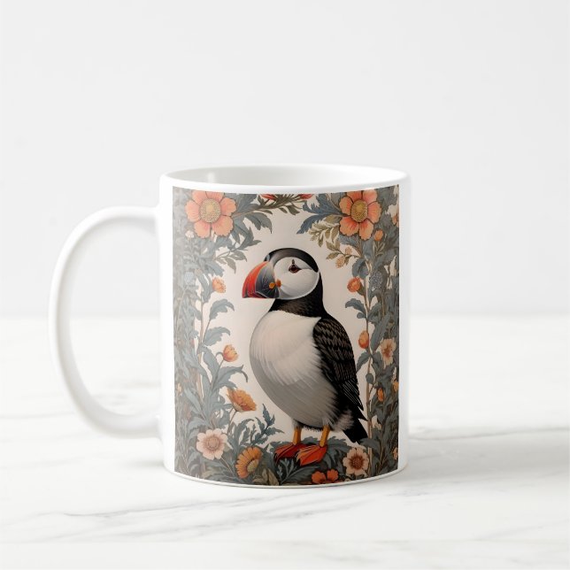 Atlantic Puffin William Morris Inspired Blommigt Kaffemugg (Vänster)