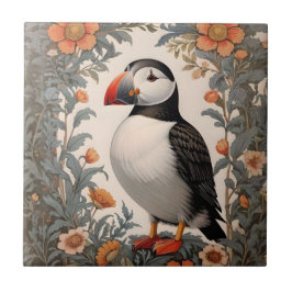 Atlantic Puffin William Morris Inspired Blommigt Kakelplatta
