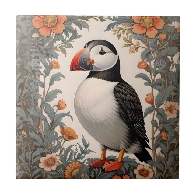Atlantic Puffin William Morris Inspired Blommigt Kakelplatta (Framsidan)