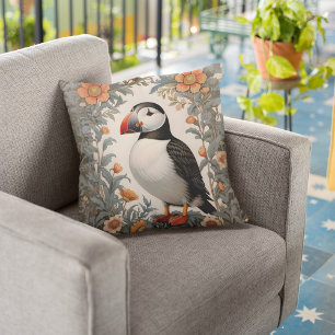 Atlantic Puffin William Morris Inspired Blommigt Kudde