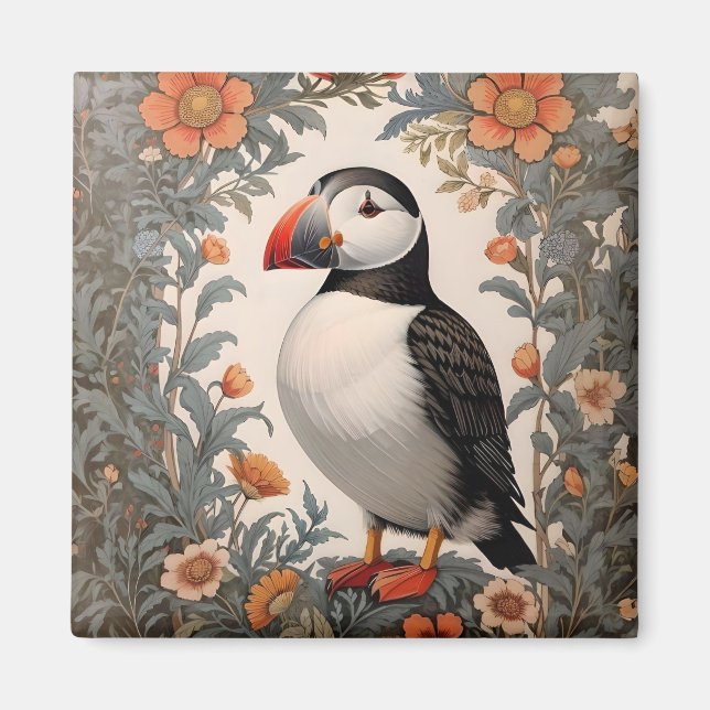 Atlantic Puffin William Morris Inspired Blommigt Magnet (Framsidan)