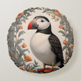 Atlantic Puffin William Morris Inspired Blommigt Rund Kudde