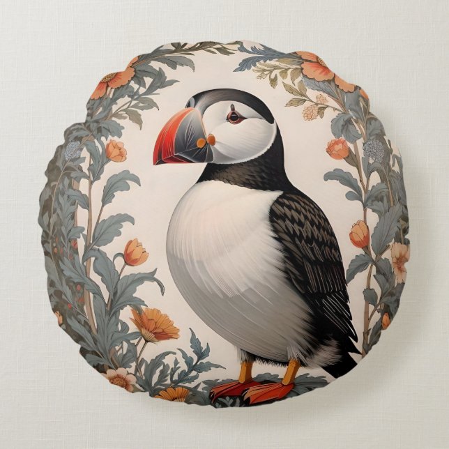 Atlantic Puffin William Morris Inspired Blommigt Rund Kudde (Framsidan)