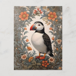 Atlantic Puffin William Morris Inspired Blommigt Vykort
