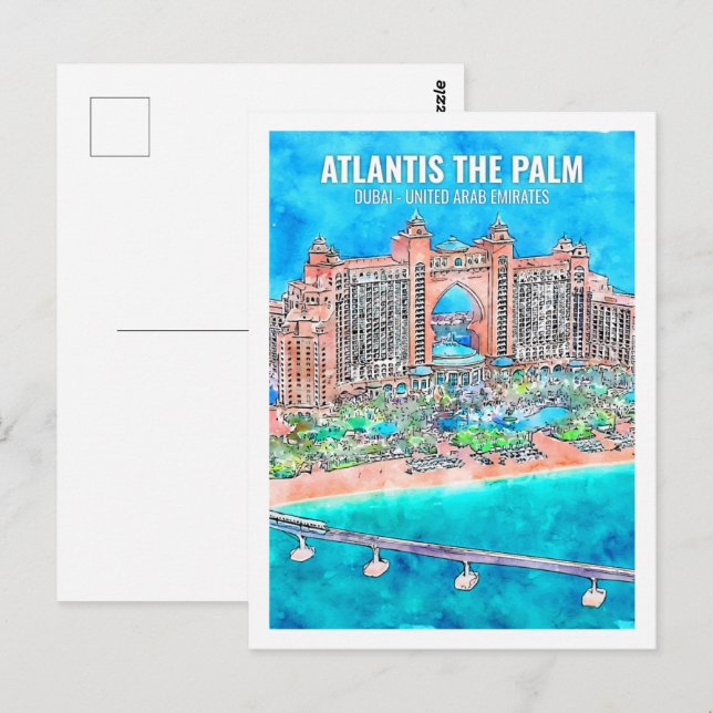 Atlantis Handflatan Dubai Travel Ställe Watercolor Vykort (Fram/baksida)