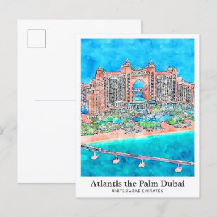 Atlantis Handflatan Dubai UAE Travel Watercolor Vykort