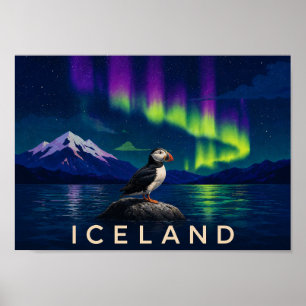 Atlantisk lunnefågel Aurora Island Vägkonsttryck Poster