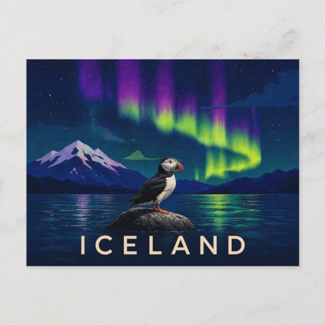 Atlantisk lunnefågel under norrsken | Ikoniska Isl Vykort (Framsida)