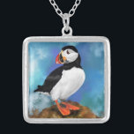 Atlantisk puffin Bird Silver Plattor Necklace Silverpläterat Halsband<br><div class="desc">Vackert atlantisk puffin-fågelmålning Miged Art Watercolor Clown Beak</div>
