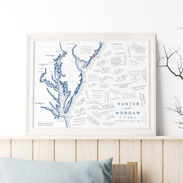 Atlantstadens Bröllop Modern Karta Guest Bok Poste Poster (This Atlantic City, NJ map guestbook is perfect for your Jersey Shore destination wedding)