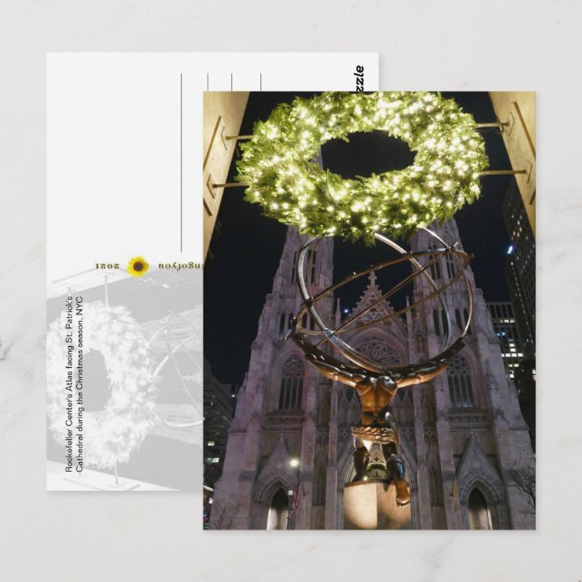 Atlas & St. Patrick's Cathedral, jul, NYC - Vykort (Fram/baksida)