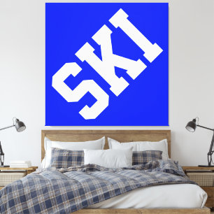 Atletisk diagonal vit SKI-text på alpinblå Canvastryck
