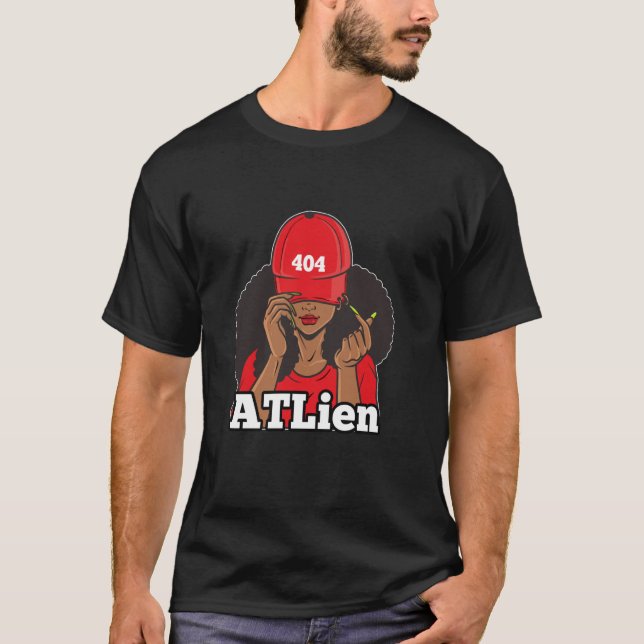 ATLien 404 Atlanta ATL Area Code Black Woman Afro T Shirt (Framsida)