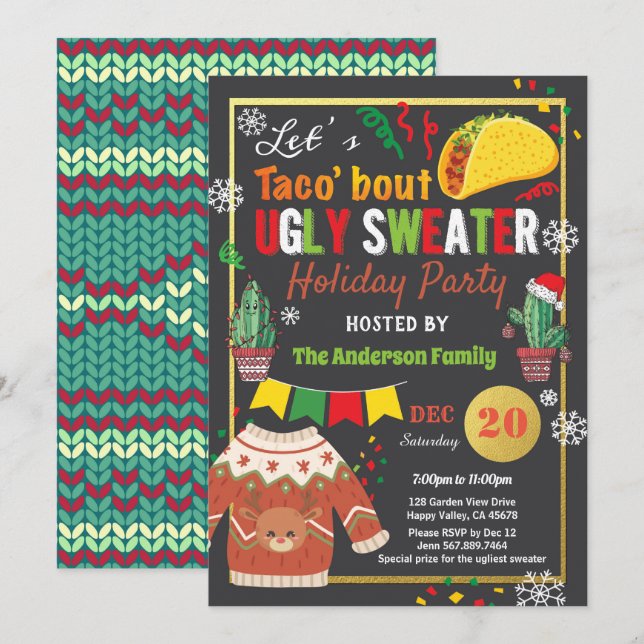 Ätlig sötare jul party taco inbjudningar (Fram/baksida)