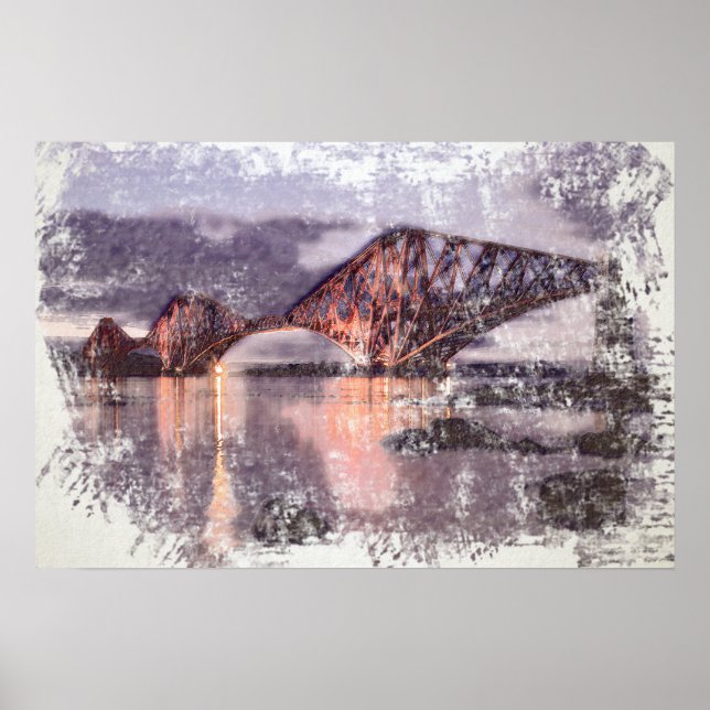 Atmosfärisk Forth Bridge i skymningen Akvarell Poster (Framsidan)