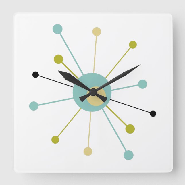 Atomåldern Starburst Mid Century Modern Fyrkantig Klocka (Framsida)