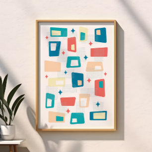 Atomålderns Mid Century Modern Blockar Blå Persika Poster