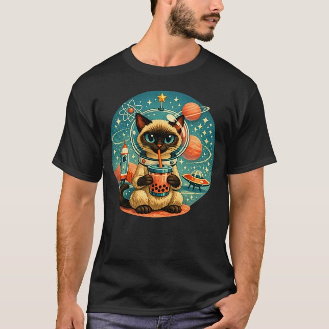 Atomålderns rymd Boba Siamesiska Astronaut Katt T Shirt (Framsida)