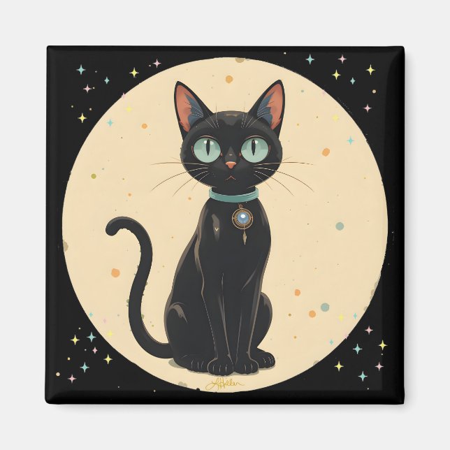 Atomär Futuristisk Svart Katt Måne Magnet (Framsidan)