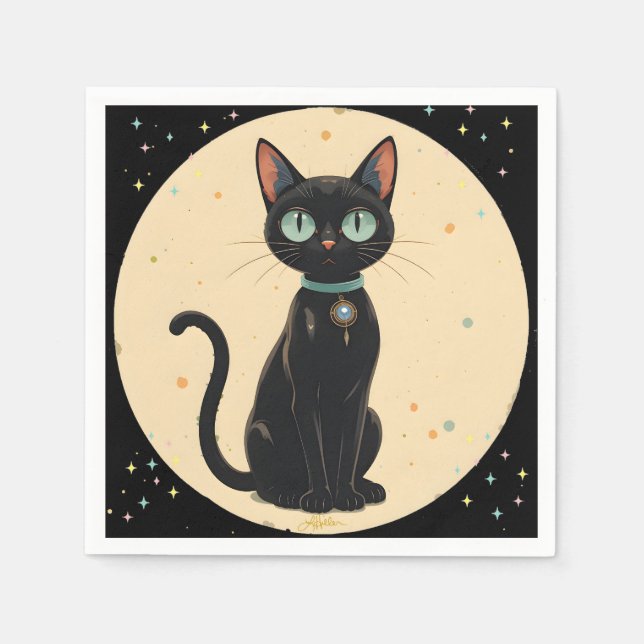 Atomär Futuristisk Svart Katt Måne Pappersservett (Framsidan)