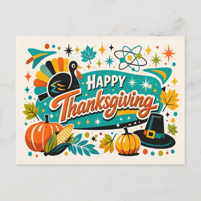 Atomär Mid Century Thanksgiving Kalkon Pumpa Helg Vykort (Framsida)