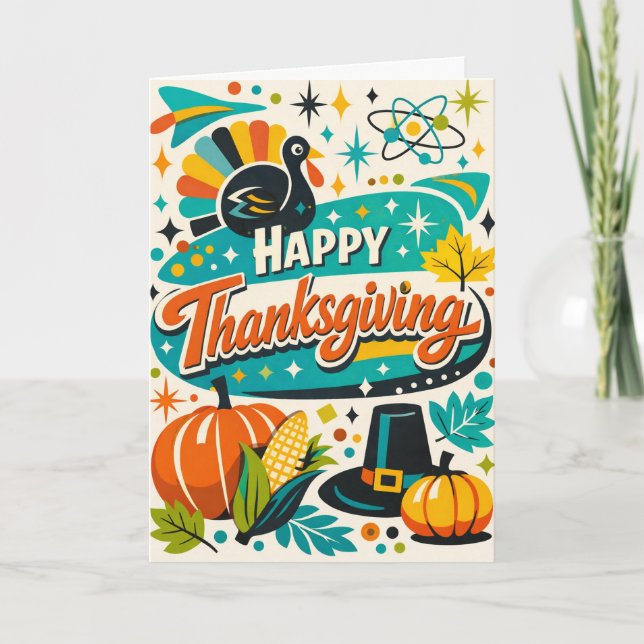Atomär Mid Century Thanksgiving Kalkon Pumpa Kort (Framsida)