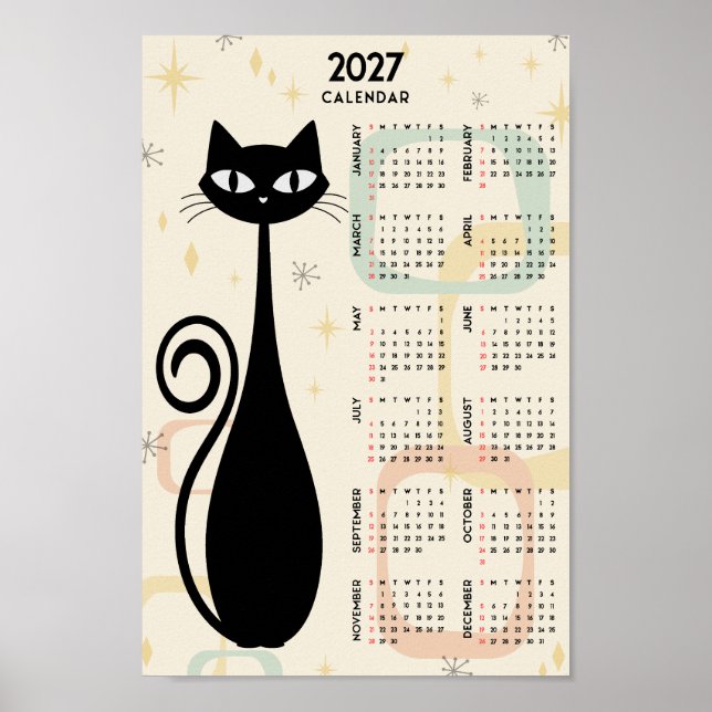 Atomär Retro Svart Katt Mid Century 2027 Kalender Poster (Framsidan)